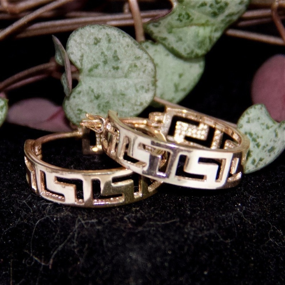 Sterling Silver 925 Greek Key Gold Tone Hoop Earrings Meander Pattern
